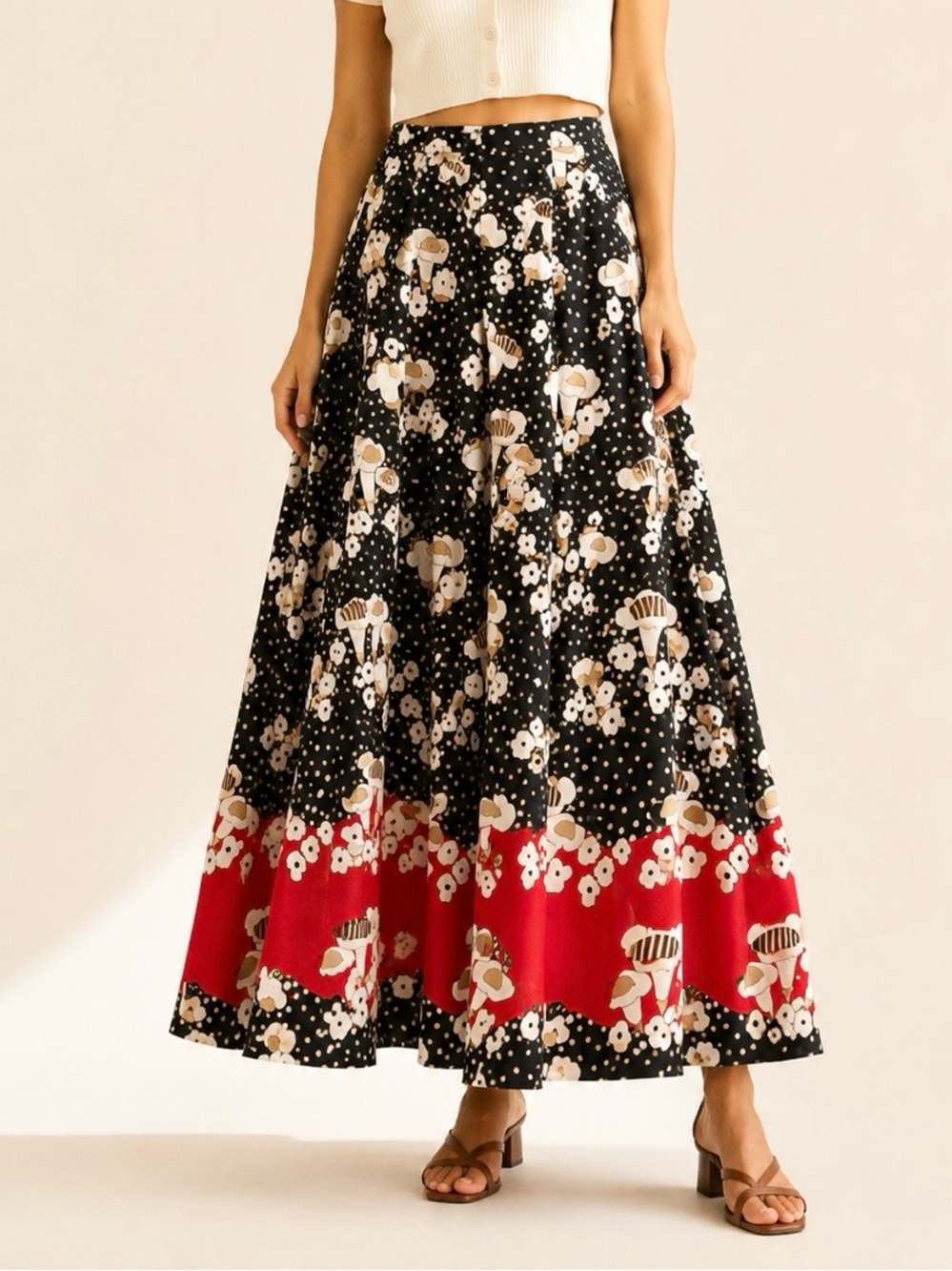 Vintage Holt Renfrew Italy Cotton Mod Botanical Maxi Skirt Editorial Size L - Picture 2 of 16